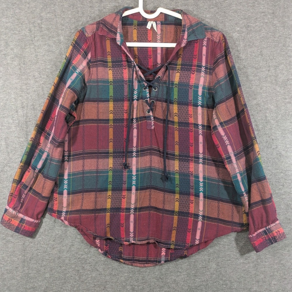Vintage Mudd Womens‎ Plaid Lace Up Boho Top Burgundy Teal Long Sleeve Size Large